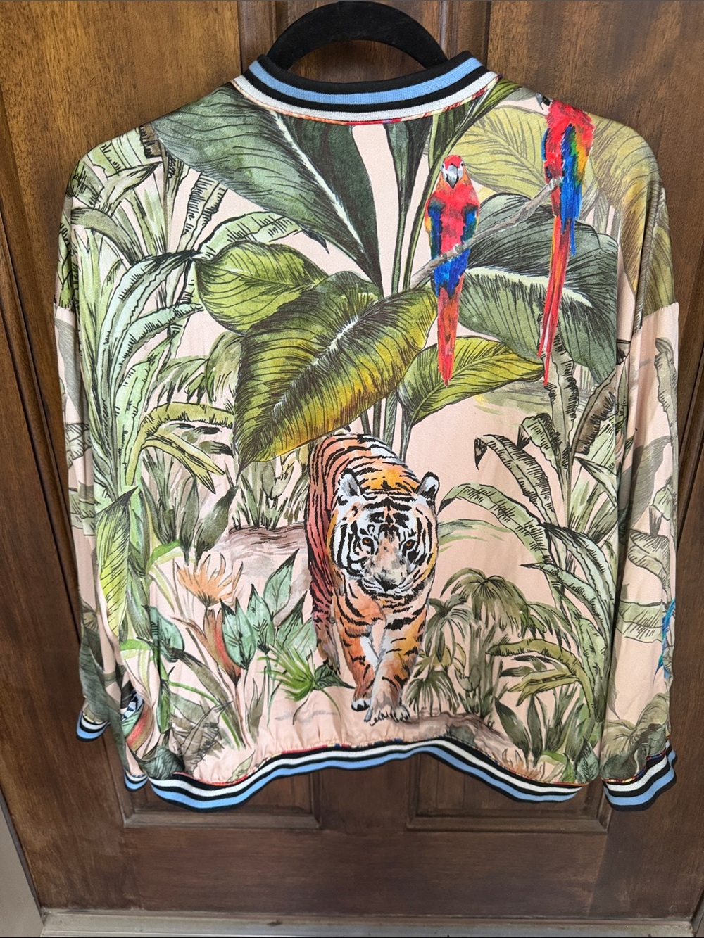 Johnny Was Peach Bomber Jacket with Green Leaf & Multicolor Parrots/Reversable - Picture 4 of 6